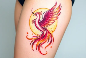 magnificent phoenix rising from flames with trailing embers pinks golds orange and yellows with a golden sunset and sky backdrop tattoo idea