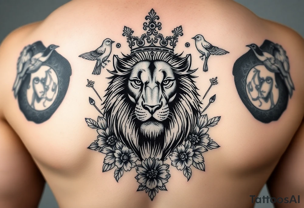 powerful majestic lion with a crown, surrounded by floral ornaments and birds tattoo idea