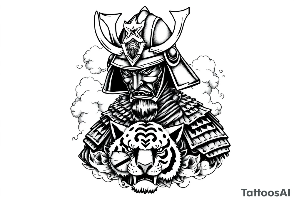 samurai warrior wearing a helmet. Some clouds around, with a tiger’s head beneath, and a samurai sword. This should be a good tattoo for forearm tattoo idea