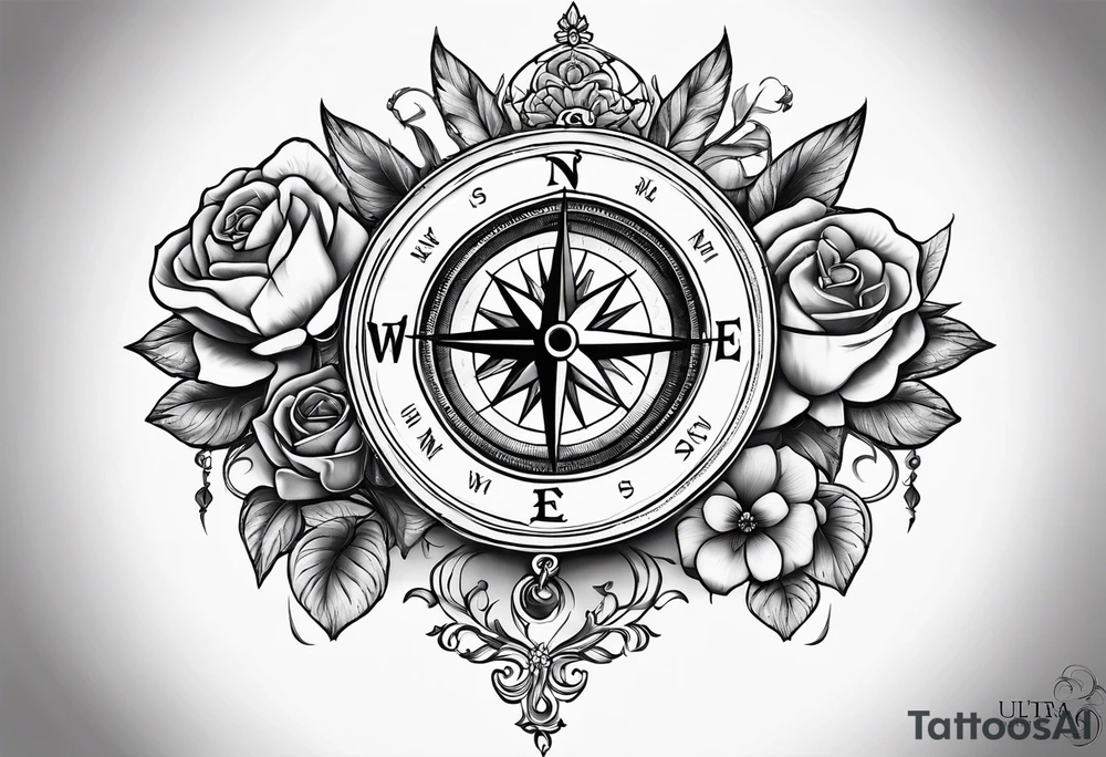 Compass with mountains and moons and flowers like roses or orchids tattoo idea