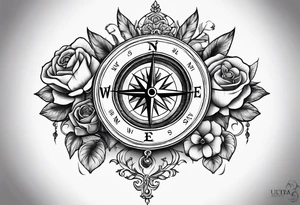 Compass with mountains and moons and flowers like roses or orchids tattoo idea