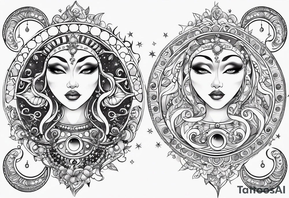 Feminine alien Sun and moon. Freeform rectangular sternum swirls with dots and stars tattoo idea