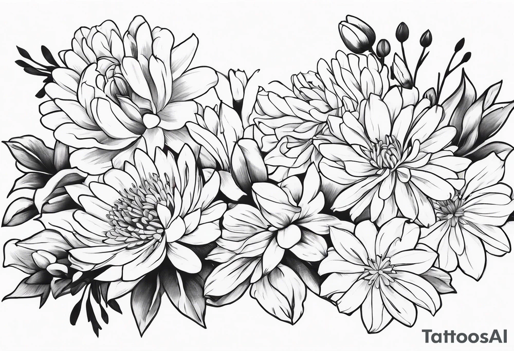 Asters, roses, lillies, and chrysanthemums in a long line tattoo idea