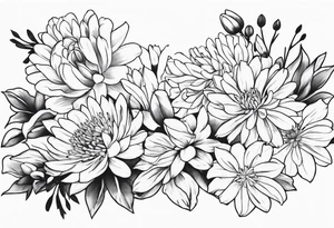 Asters, roses, lillies, and chrysanthemums in a long line tattoo idea