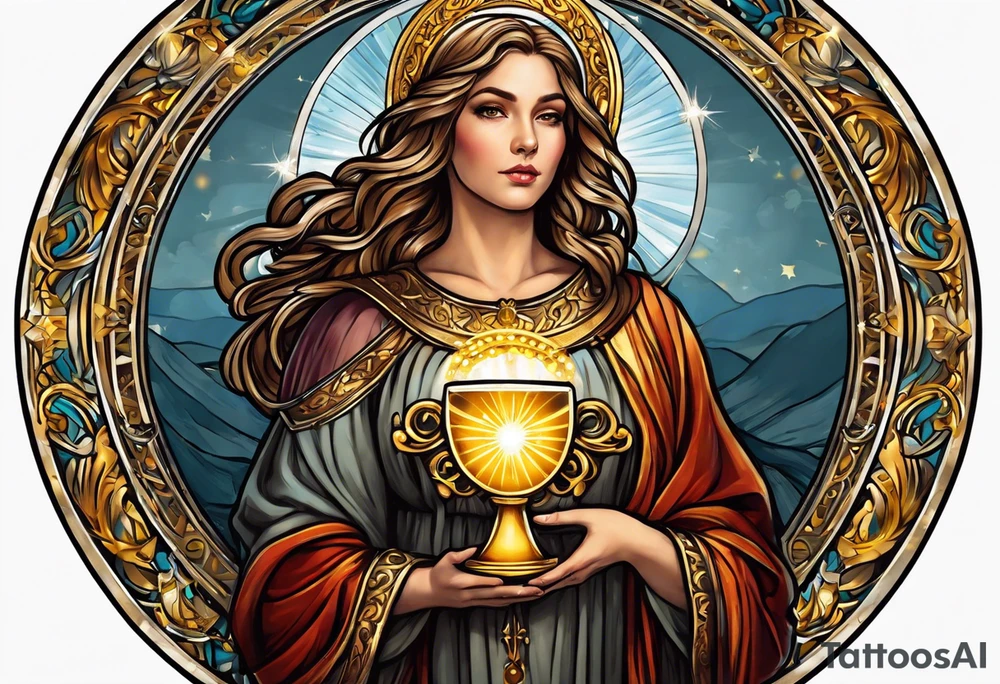 woman saint holding chalice surrounded by golden halo portrait tattoo idea