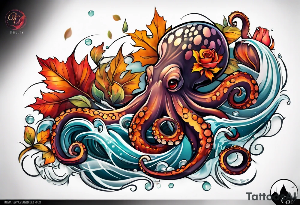 abstract left thigh tattoo with a large octopus in water swirls wrapping around rocks, a rose, in fall colors with some small leaves and fall elements tattoo idea