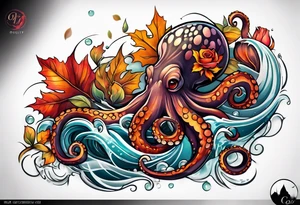 abstract left thigh tattoo with a large octopus in water swirls wrapping around rocks, a rose, in fall colors with some small leaves and fall elements tattoo idea