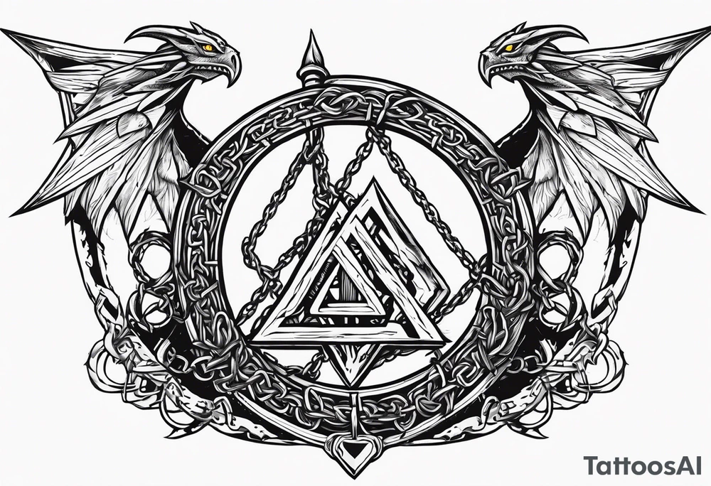 Valhalla sword shield dragon axe Valknut barbed wire chains fire tattoo idea Valhalla sword shield dragon axe Valknut barbed wire chains fire tattoo idea