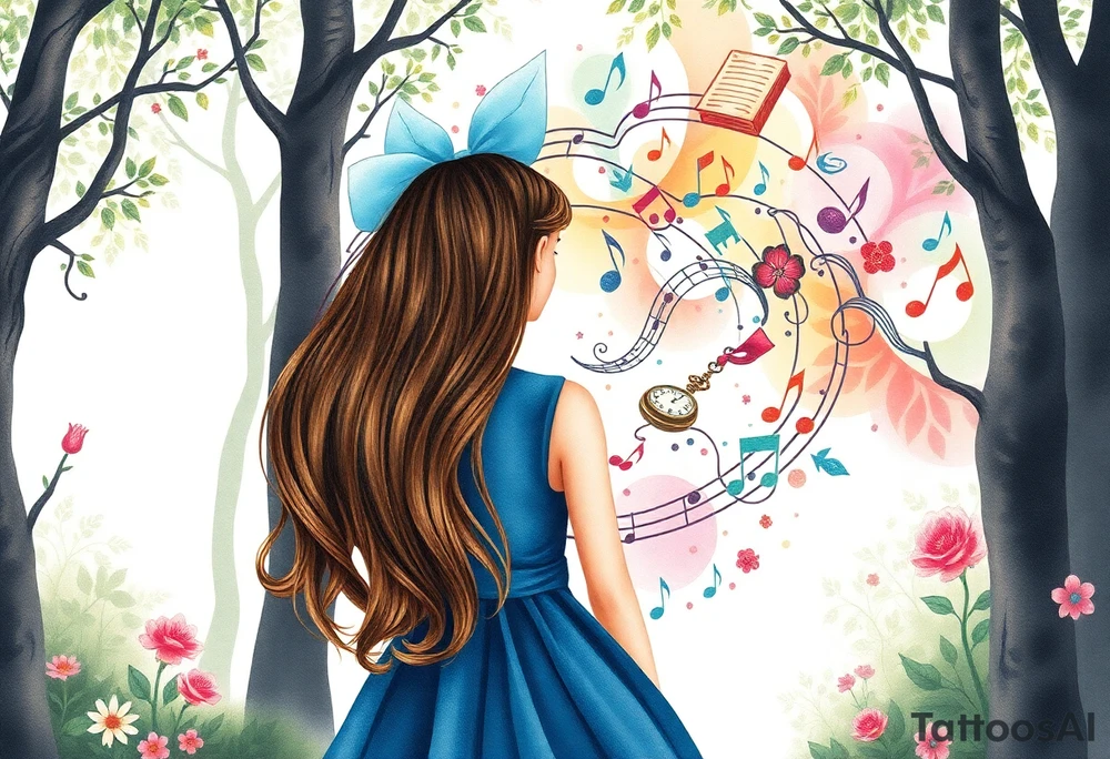 Back view of the silhouette of a brown hair girl in a blue dress inside a forest. She is following a magical colorful swirl of music notes, books, and flowers. A pocket watch is at the end of the swirl. tattoo idea
