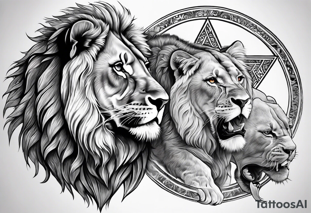 One roaring lion, next to it a roaring lioness, below them 3 roaring lion cubs and around a Star of David tattoo idea