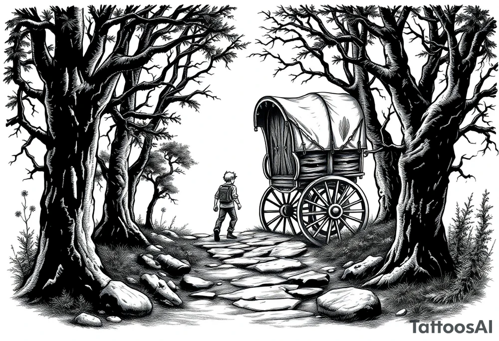 A boy walking up a forest path, DnD inspired, broken down carriage, tavern, glowing tunnel tattoo idea