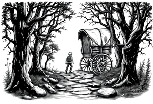 A boy walking up a forest path, DnD inspired, broken down carriage, tavern, glowing tunnel tattoo idea