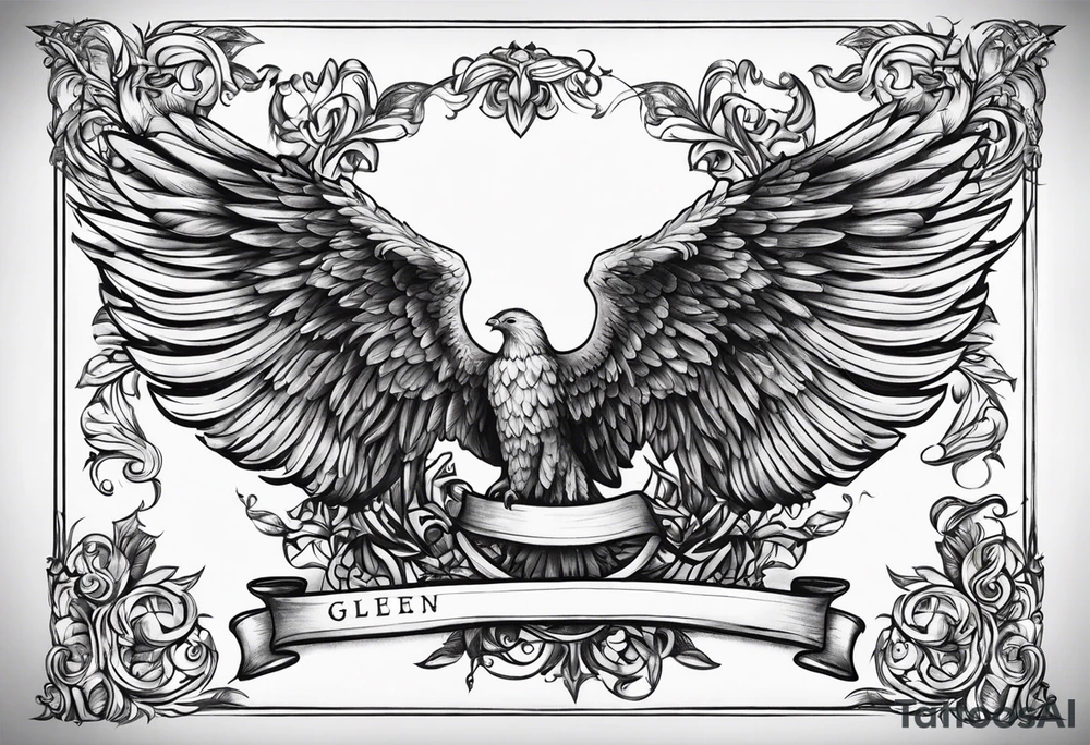 The word Glenn on a banner with angel Wings tattoo idea