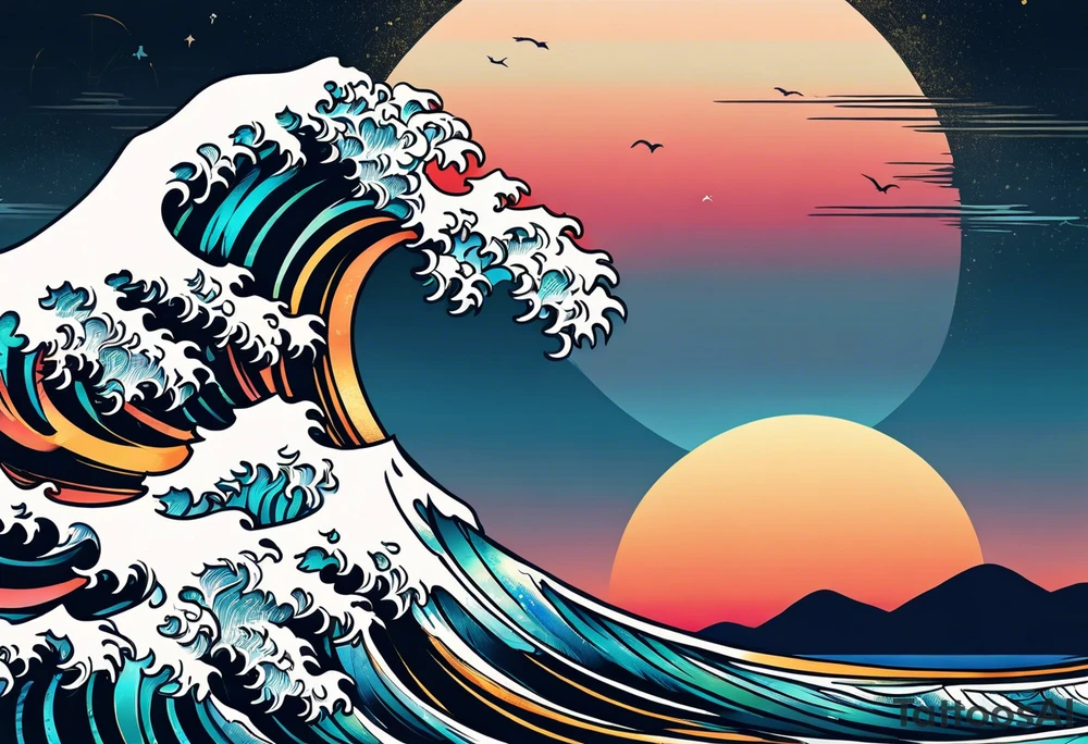 Circle shape, inside sunset and ocean drawing with retro look tattoo idea