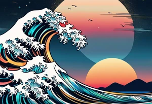 Circle shape, inside sunset and ocean drawing with retro look tattoo idea