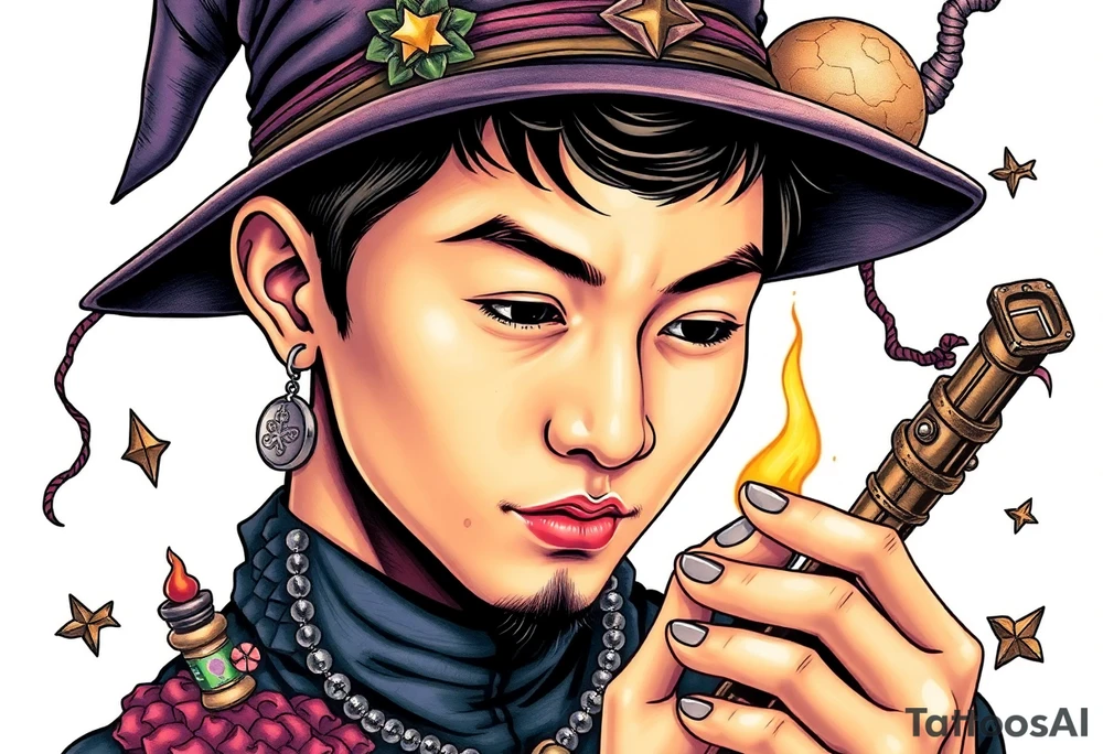 Handsome Asian young adult guy is  accidentally stumbled upon witch tools, supplies, artifacts, potions and exploring it curiously tattoo idea
