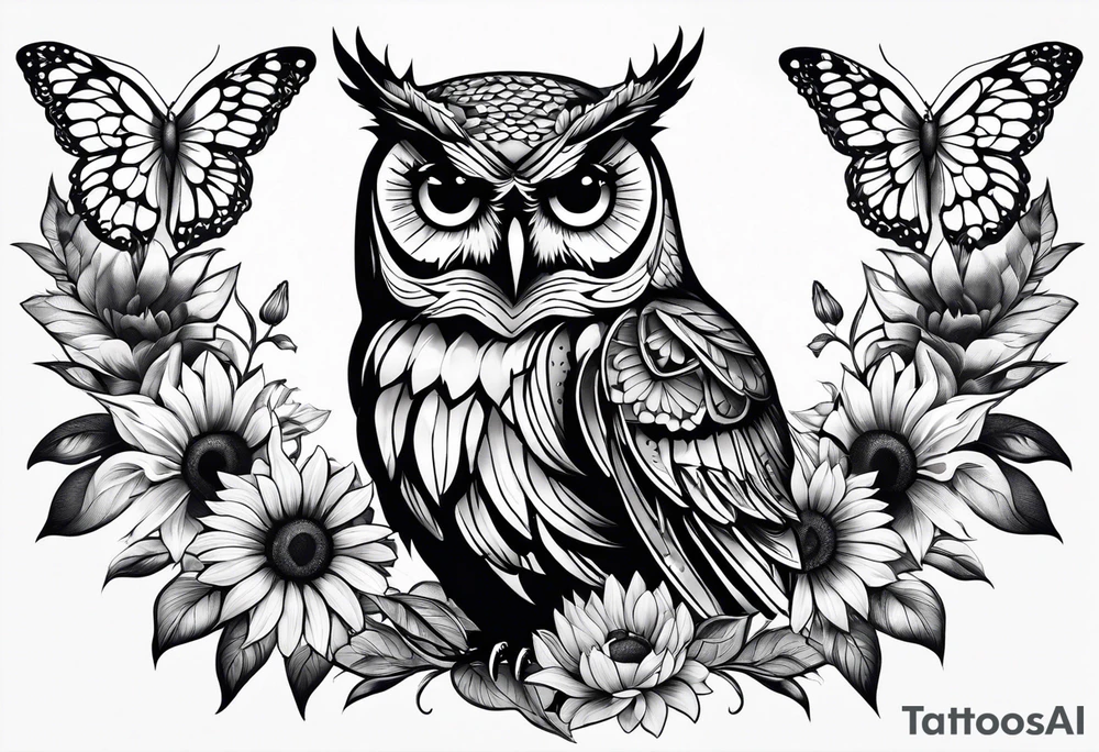 Sleeve with an owl, sunflower and butterfly tattoo idea