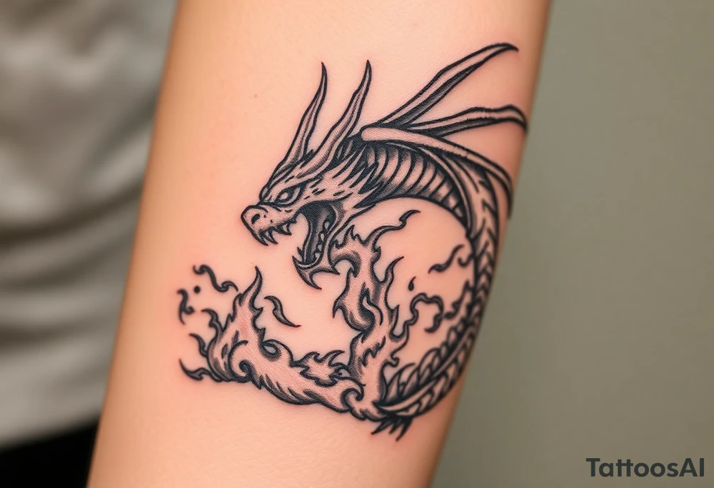 fierce dragon breathing iridescent fire against stormy skies tattoo idea