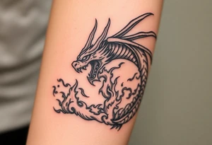 fierce dragon breathing iridescent fire against stormy skies tattoo idea