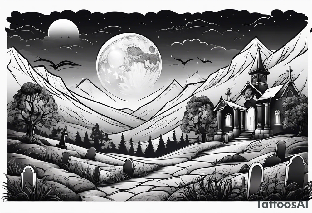 Graveyard with moon and smoke  on hills tattoo idea