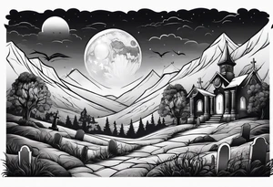 Graveyard with moon and smoke  on hills tattoo idea
