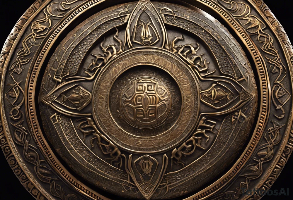 A shield with intricate patterns and engravings, adorned with coiled snakes and scorpions underneath. Rays of light emanate from the shield, signifying spiritual power. Bold outlines for the shield and creatures, with detailed patterns. Delicately depict the scales of snakes and the segmented bodies of scorpions. Integrate the creatures harmoniously with the overall design. tattoo idea