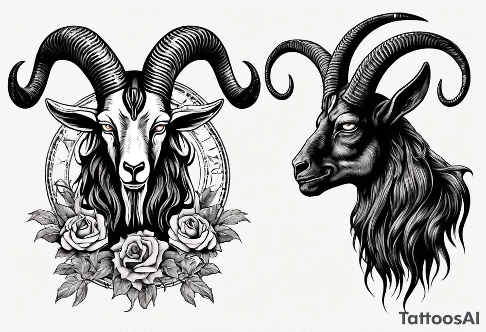 Baphomet full sleeve high contrast human like goat friendly but strong no flowers tattoo idea