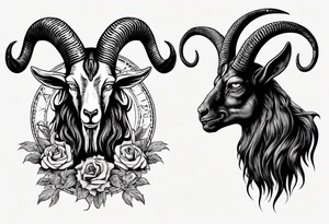 Baphomet full sleeve high contrast human like goat friendly but strong no flowers tattoo idea
