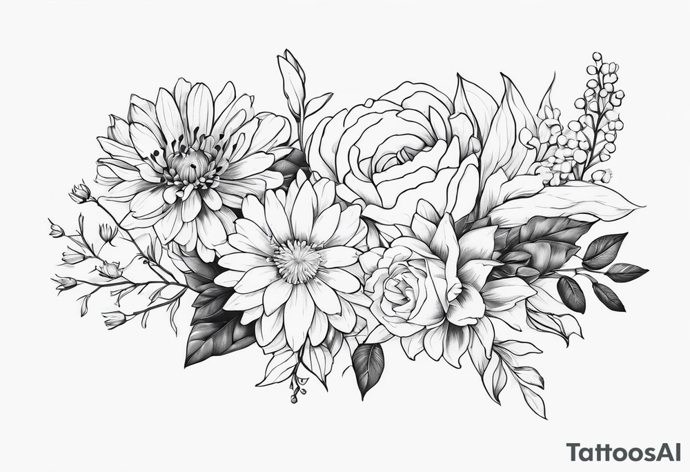 Asters, roses, lily of the valley, and chrysanthemums in a long line tattoo idea