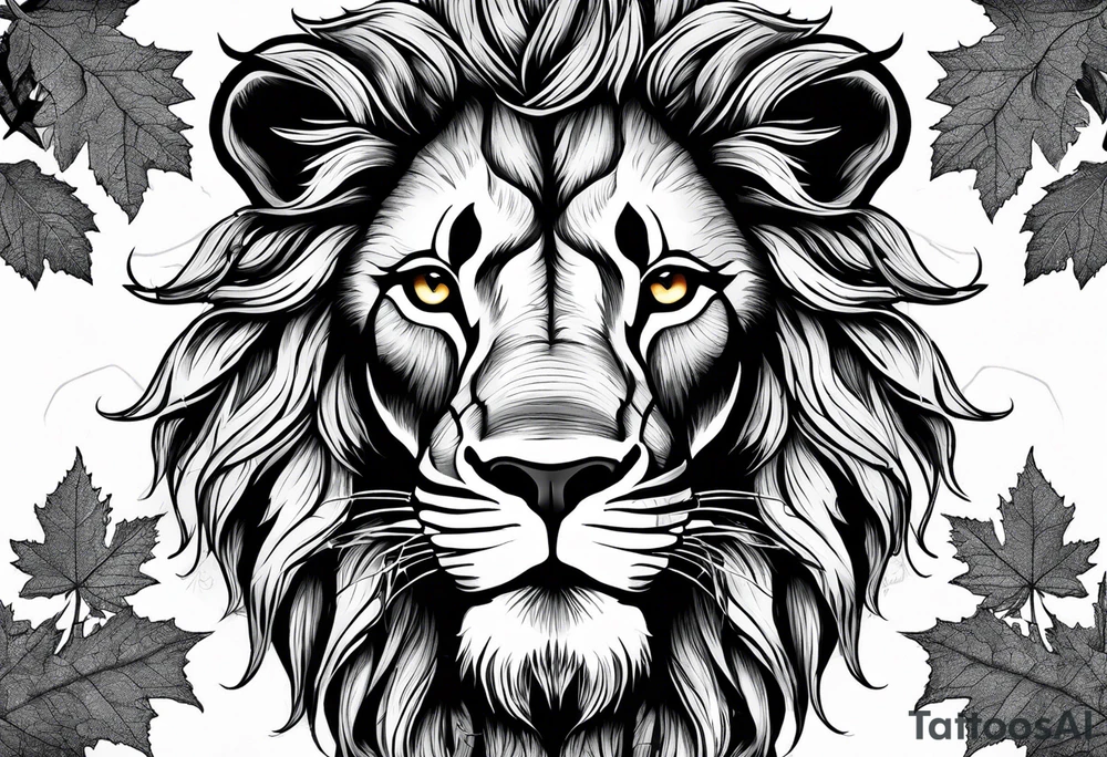 The lion of Judah, which is Jesus Christ, is tied and intertwined within a maple tree. Incorporate a cross as well tattoo idea