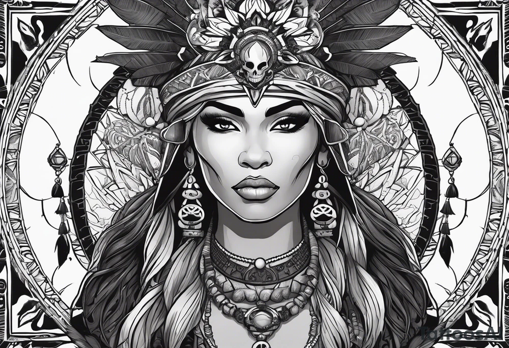 valkrye, kali, pirate, african goddess, , warrior, native american, lotus, zenza resonance, skulls, dragon, pachamama, left side face, chest, right wing, tattoo idea