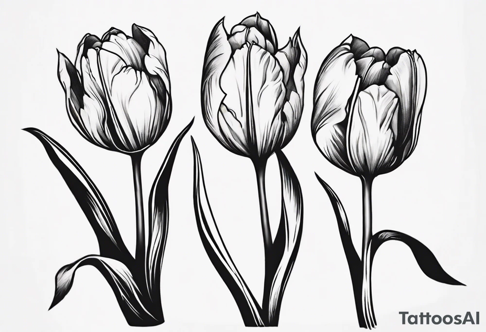 Design a unique tattoo depicting a bundle of three tulips. The first tulip should be in its bud form, with fine details conveying anticipation and the beginning of life. The second tulip should already be wilted, with its leaves appearing withered and crumpled, capturing the transient and finite nature of life. The third tulip should be perfect and magnificent, with vibrant colors and a flourishing beauty. Ensure that the composition is harmonious, and that the various stages of life in the tulips are clearly discernible. tattoo idea