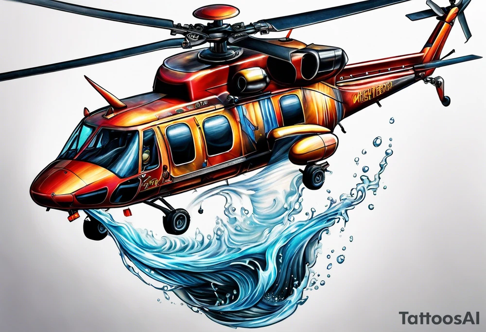 a helicopter dropping water on a fire with a bucket tattoo idea