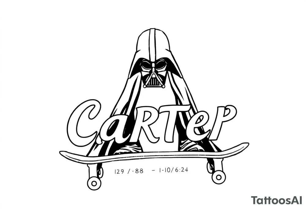 Skateboarding TALL Darth Vader
WORDS in star wars font "Darth Carter"
12/29/88-01/06/24 tattoo idea
