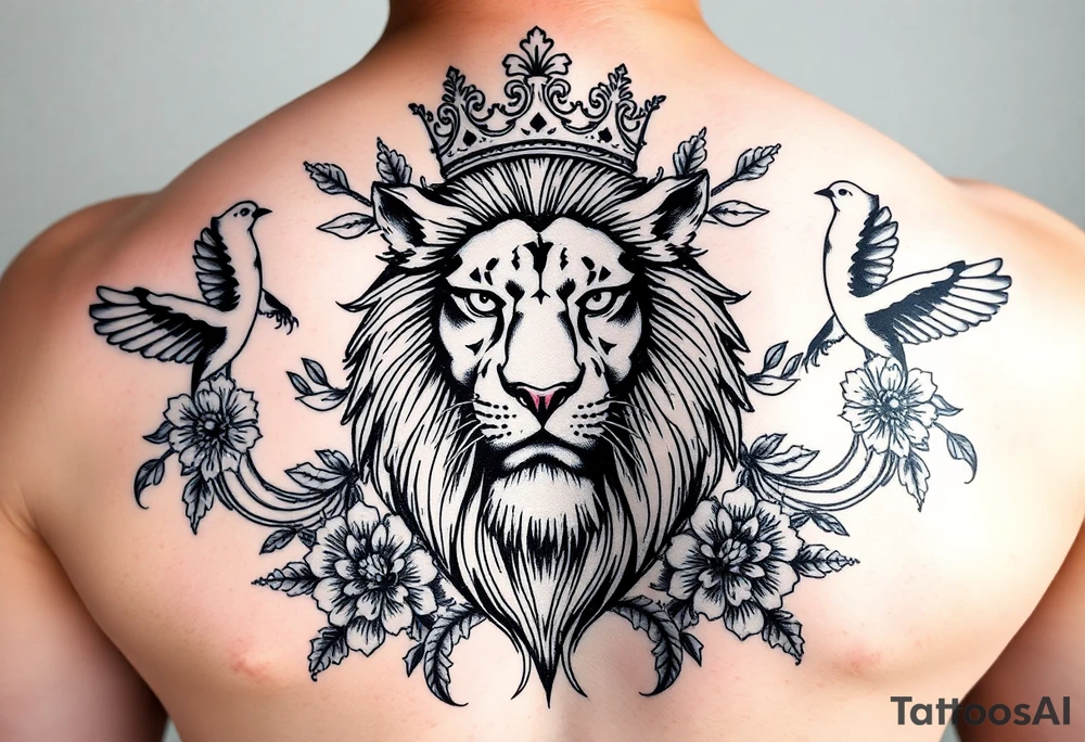 powerful majestic lion with a crown, surrounded by floral ornaments and birds tattoo idea