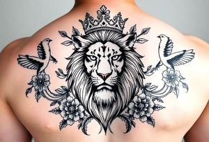 powerful majestic lion with a crown, surrounded by floral ornaments and birds tattoo idea
