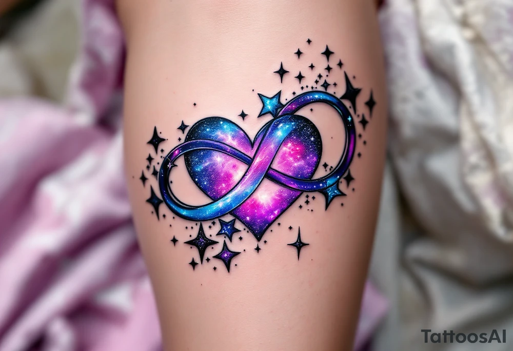 A dreamy galaxy-themed infinity with stars and nebula textures, wrapping gently around a violet heart. tattoo idea