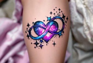 A dreamy galaxy-themed infinity with stars and nebula textures, wrapping gently around a violet heart. tattoo idea
