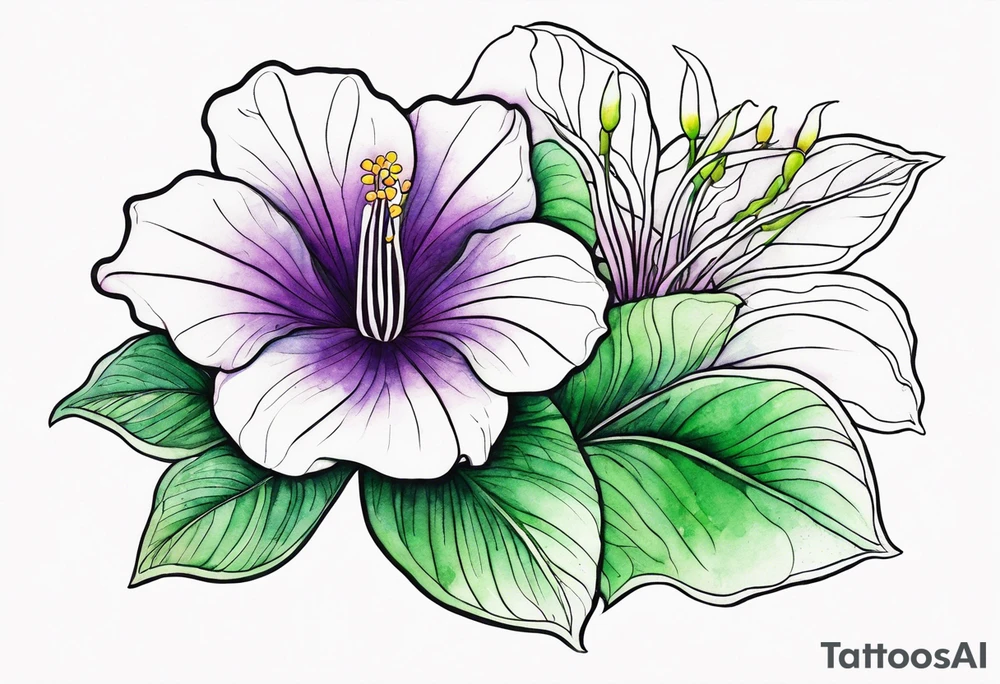 An outline of a rio dipladenia flower with a green and purple watercolor sky in the background tattoo idea