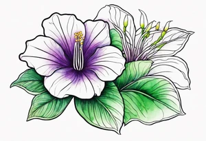 An outline of a rio dipladenia flower with a green and purple watercolor sky in the background tattoo idea