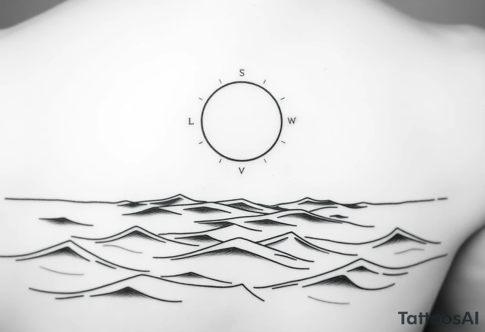 Black and white tattoo design, marine theme. Calm sea waves with a clear horizon line. Above the horizon, a large sun or moon glowing softly, with subtle Norse runes (Algiz, Raido) blended into the light. Minimalistic, elegant, not aggressive, not too masculine or feminine. Line art style, suitable for forearm tattoo. tattoo idea