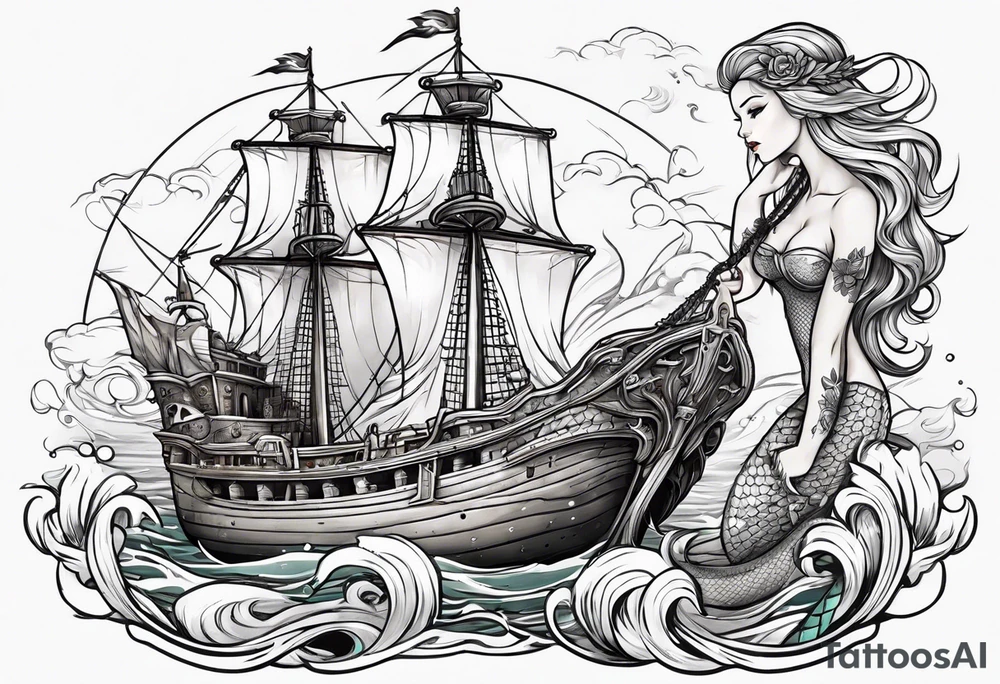 mermaid with galleon ship tattoo idea