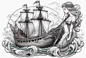 mermaid with galleon ship tattoo idea