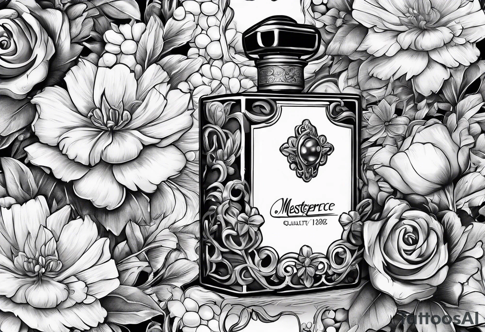 Pearl necklace wrapped around 1950s perfume bottle with flowers and bows surrounding tattoo idea