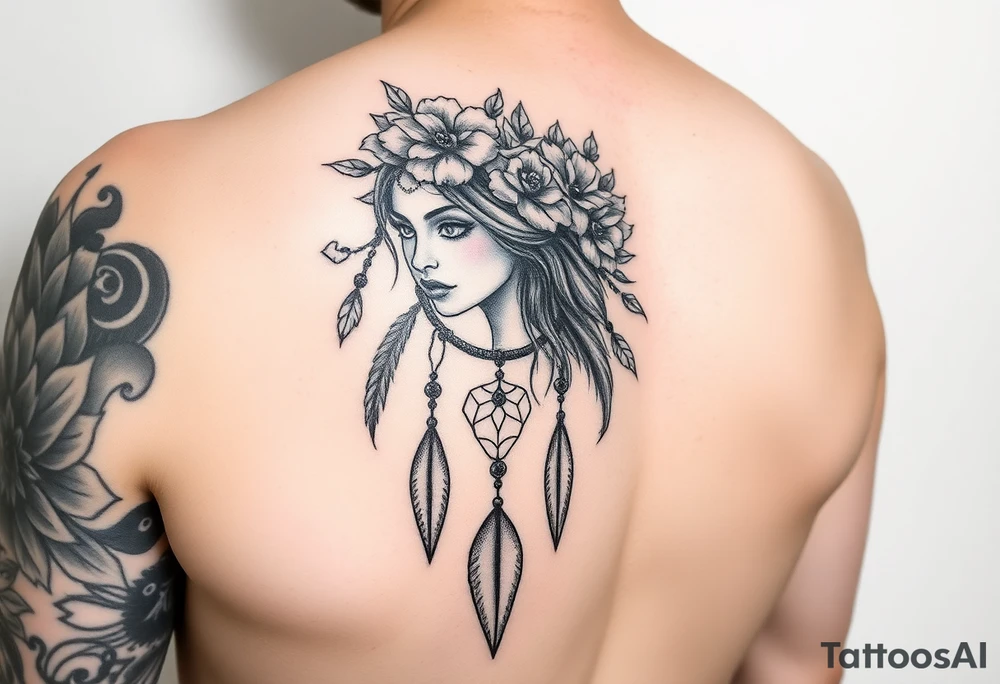 Half sleeve on arm. I already have a girl with flower crown in my shoulder and upper outer arm. Add a dream catcher and Catrina face. Use black and red ink. tattoo idea