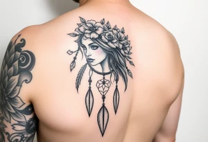 Half sleeve on arm. I already have a girl with flower crown in my shoulder and upper outer arm. Add a dream catcher and Catrina face. Use black and red ink. tattoo idea