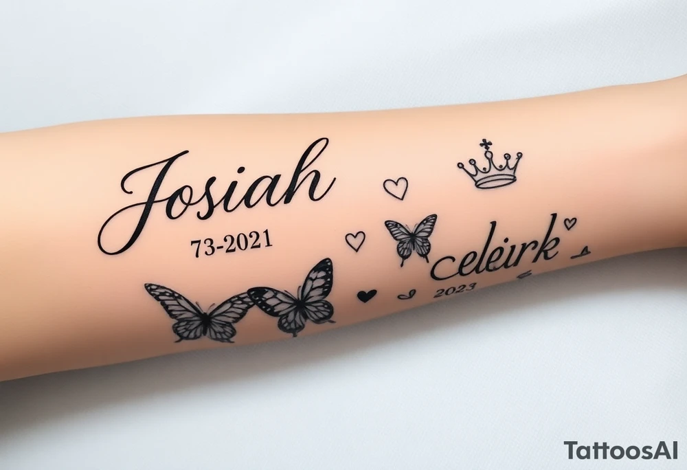 Feminine womens tatto that starts as sleeve and goes down to ankle and in tattoo the names JOSIAH in cursive written with the date 7-2021 in roman numerals AND NEXT TO NAME A PRINCE CROWN and butterfly's and the cancer zodiac number in between with the capricorn sing in between and hearts and the next part lower part of tatto the name ADIAN WITH THE DATE 3-2023 IN ROMEN NUMERALS WITH A SMALLER PRINCE CROWN THEN THE JOSIAHS CROWN AND THEN LITTLE BUTTERFLYS WITH THE PACIES ZODIAC SING IN AND THE CAPRICORN ZODIAC SIGN BOTH SMALL AND IN BETWEEN THE BUTYERFLYS AND HEARTS MAKE IT MIX TOGTHER DO THE SAME WITH THE CANCER AND CPROCORN SIGN ABOVE tattoo idea