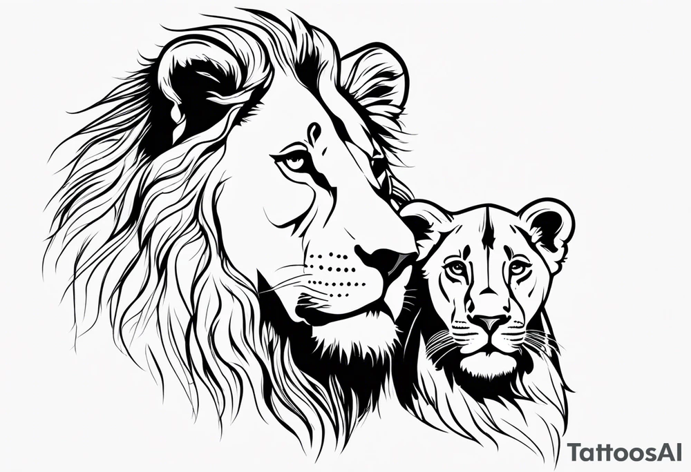 Moitié visage lion avec son bebe lionne tattoo idea