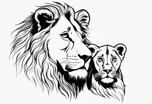Moitié visage lion avec son bebe lionne tattoo idea