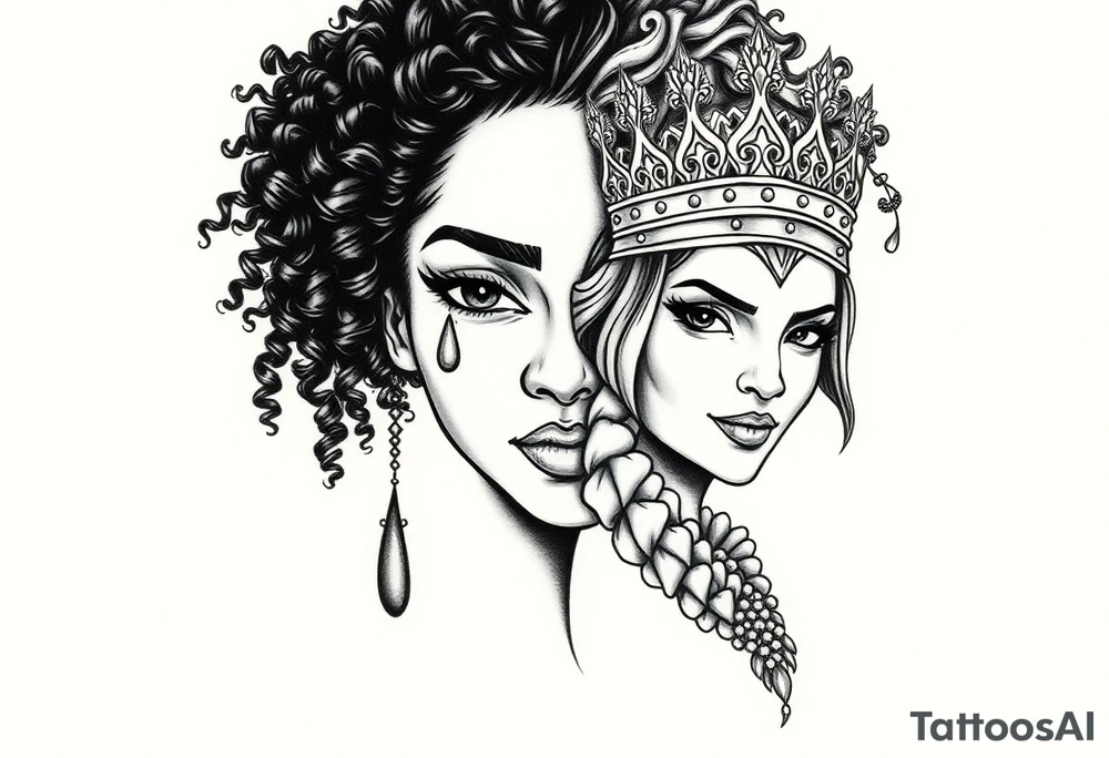 A beautiful woman with beautiful curly hair, and a teardrop falling from her eyes, African American- other 1/2 a beautiful warrior women with a crown and a smirk on her face. Embodying 1/2 faced one soft and gentle-one strong and mighty tattoo idea